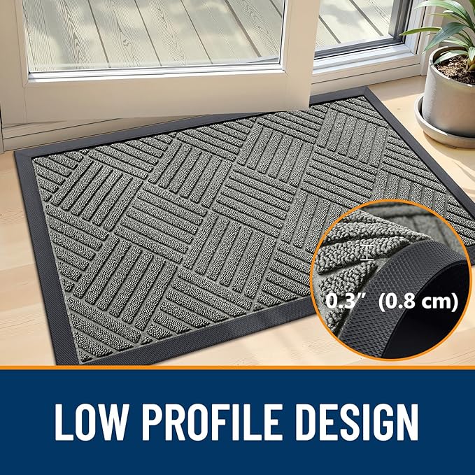 OLANLY Front Door Mat Outside Entrance 29.5x17, Absorbent, Heavy Duty Sturdy Natural Rubber Doormat Indoor Outdoor, Stain Fade Resistant, Non-Slip Low Profile Floor Mat Entryway, Modern Gray Diamond