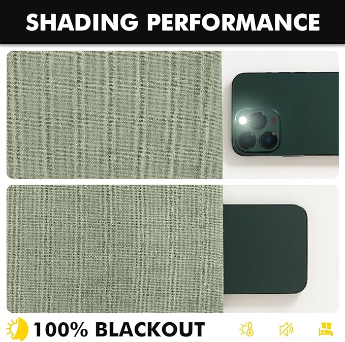 MIULEE 100% Blackout Linen Curtains for Bedroom, Sage Green Solid Luxury Decor Thermal Insulation Room Darkening Drapes for Living Room Nursery Back Tab Rod Pocket 42 x 96 Inches, 2 Panels