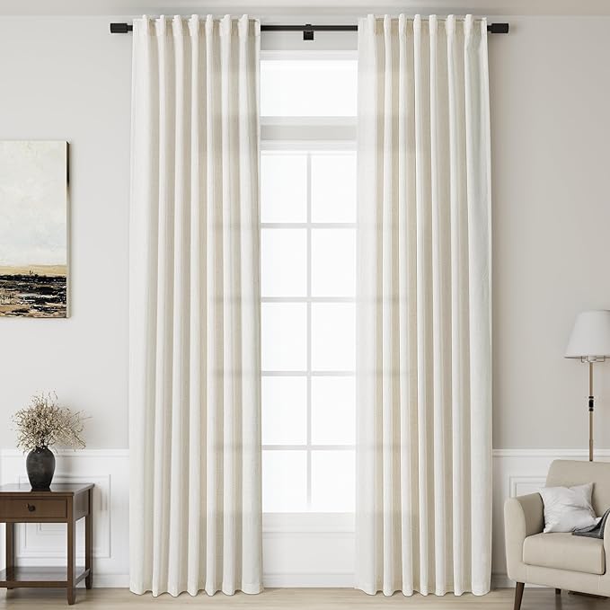 Cream Linen Curtains 121 Inches Long 2 Panels Set for Living Room Extra Long Back Tab Curtains Neutral Farmhouse Light Filtering Semi Sheer Linen Drapes Ceiling to Floor for Large Window 52x121