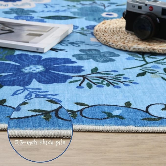 Rugcomf Door Mat Indoor Entrance 2x3 Rug Machine Washable Boho Floral Small Area Rug Non-Slip Low Pile Throw Rugs for Entryway, Kitchen, Front Door Indoor Entrance, Entry, Kids Room (Blue)