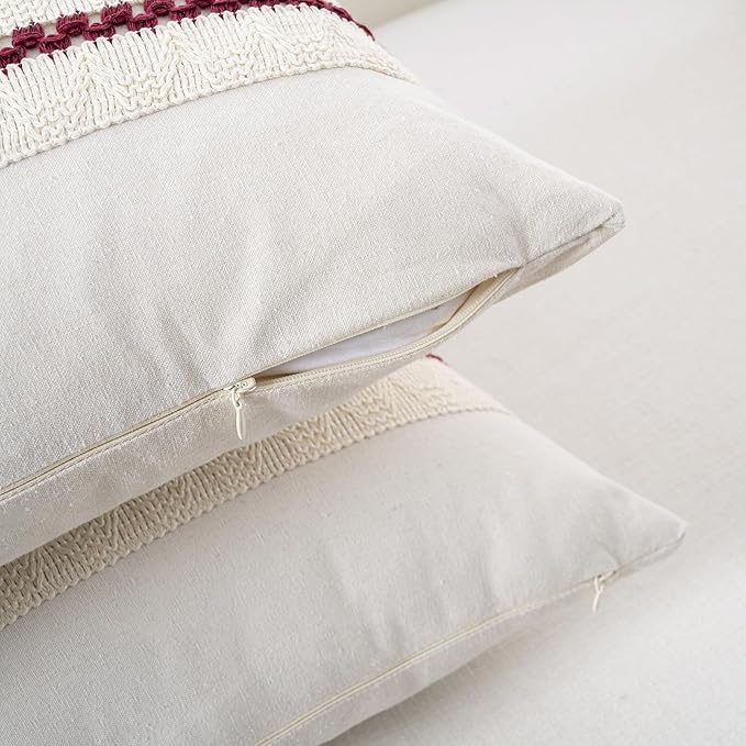 Fancy Homi Set of 1 Burgundy Boho Decorative Throw Pillow Covers 22x22 Inch for Couch Bed Sofa, Aesthetic Modern Farmhouse Christmas Room Decor, Soft Cotton Cute Textured Wind Red Cushion Case