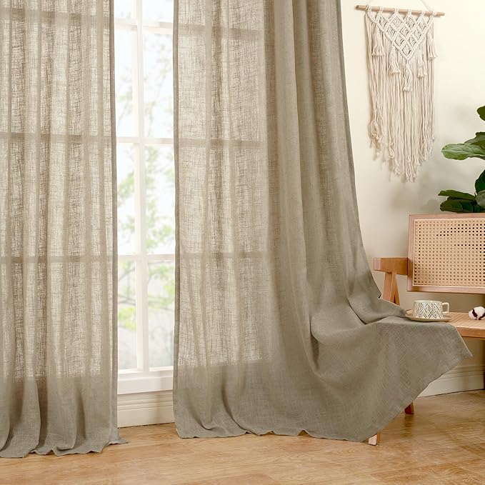 LAMIT Linen Semi Sheer Curtains 96 inches Long 2 Panels Set, Light Filtering Panels Back Tab and Rod Pocket Floor to Ceiling Curtains for Bedroom/Living Room, Taupe, 52 x 96 Inch