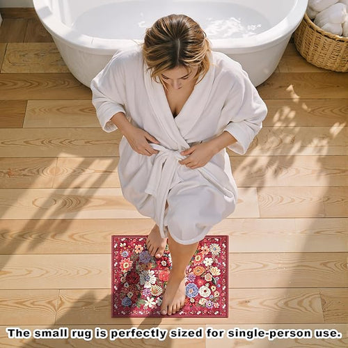 Area Rugs 24x17 Inch Home Decor Entry Rug, Small Door Mat Bath Mats for Bathroom, Ultra-Thin Non Slip Floral Low Pile Tub Mat for Sink Shower Doorway Tub Kitchen Sink(2 x 1.4 ft, Red Garden)