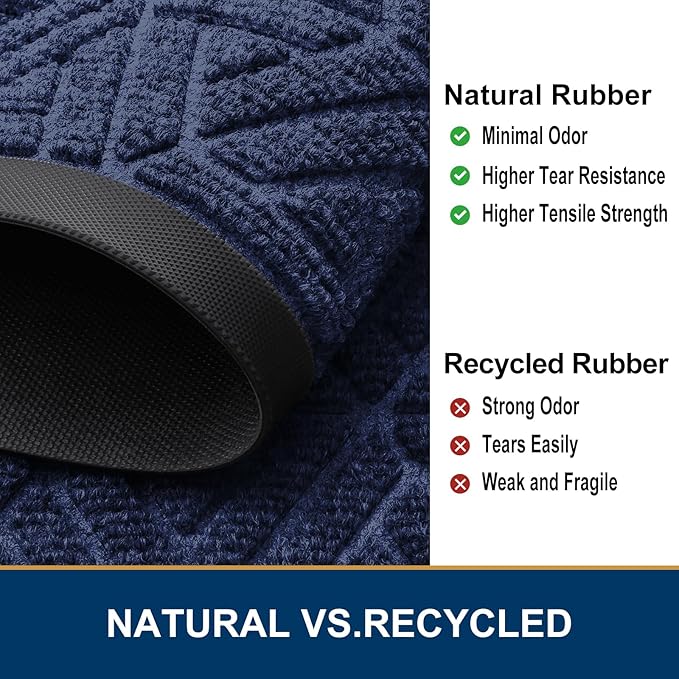 Smiry Front Door Mat Outside Entrance, Heavy Duty Sturdy Natural Rubber Doormat, Trap Dirt and Moisture, Easy Clean Low Profile Mats for Indoor Outdoor Entry, Grid Geometric (59x34, Navy Blue)