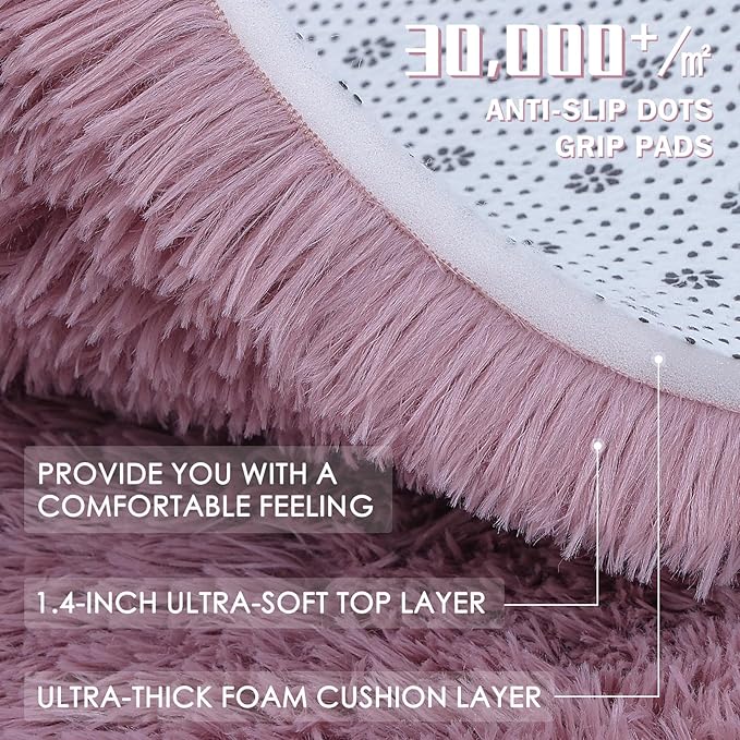 OLANLY Blush Round Rugs for Bedroom - Machine Washable, 3 ft Circle Area Rugs for Living Room, Soft and Fluffy Shaggy Carpet for Teen Girls and Boys, Nursery Rooms, Dorms, Home Decor Aesthetic