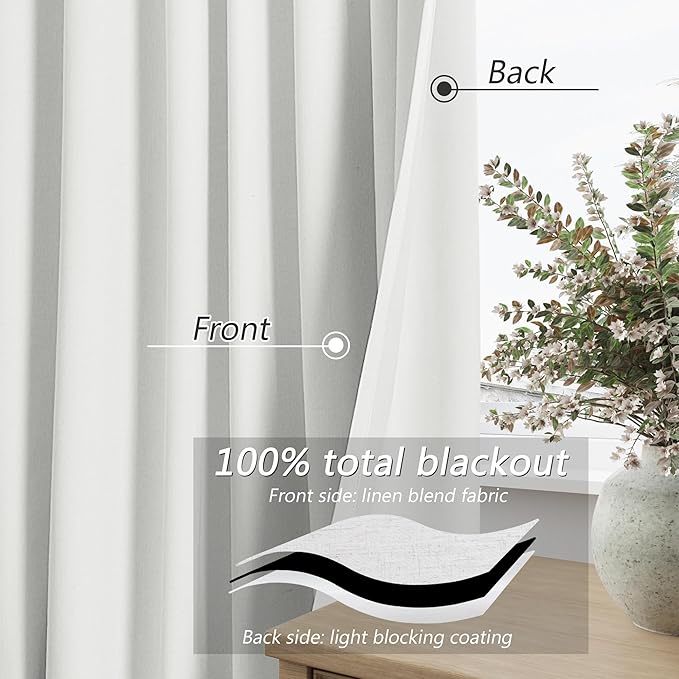 Guken White 100% Blackout Linen Curtains 52 Inch Wide by 70 Inch for Living Room Bedroom Back Tab Thermal Insulated Black Out Linen 2 Drapes Room Darkening Window Curtains