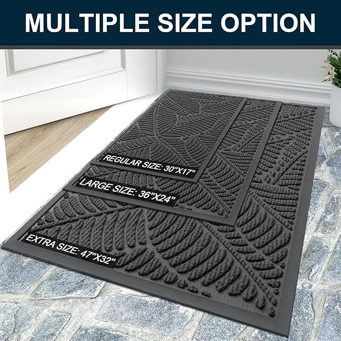 Colorxy Waterproof Doormat, Sturdy Natural Rubber Front Indoor Mat, Non Slip Low Profile Outdoor Door Mat, Stain and Fade Resistant Floor Mats, Easy Clean Patio Entry Mat, 59''x36'', Light Grey