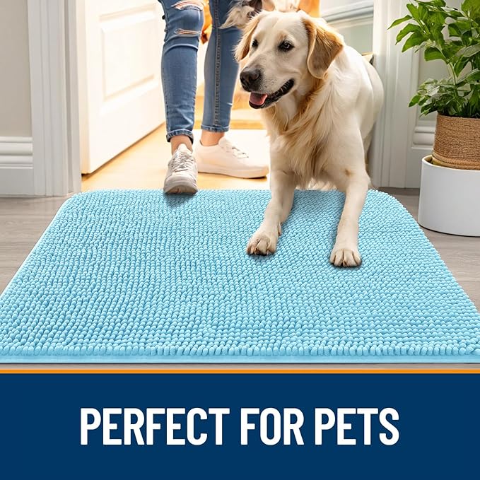 OLANLY Dog Door Mat for Muddy Paws 34x21, Absorbs Moisture and Dirt, Absorbent Non-Slip Washable Doormat, Quick Dry Chenille Mud Mat for Dogs, Entry Indoor Entryway Carpet for Inside Floor, Blue