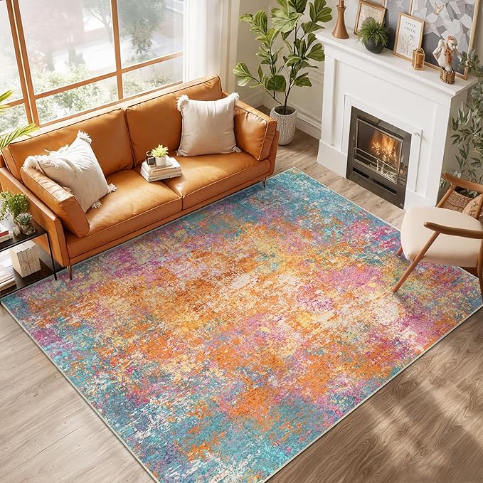Washable Area Rugs 10'x14 Non-Slip Modern Abstract Soft for Living Room Entryway Bedroom Nursery, Print Pattern, Orange Blue Pink Yellow Colorful