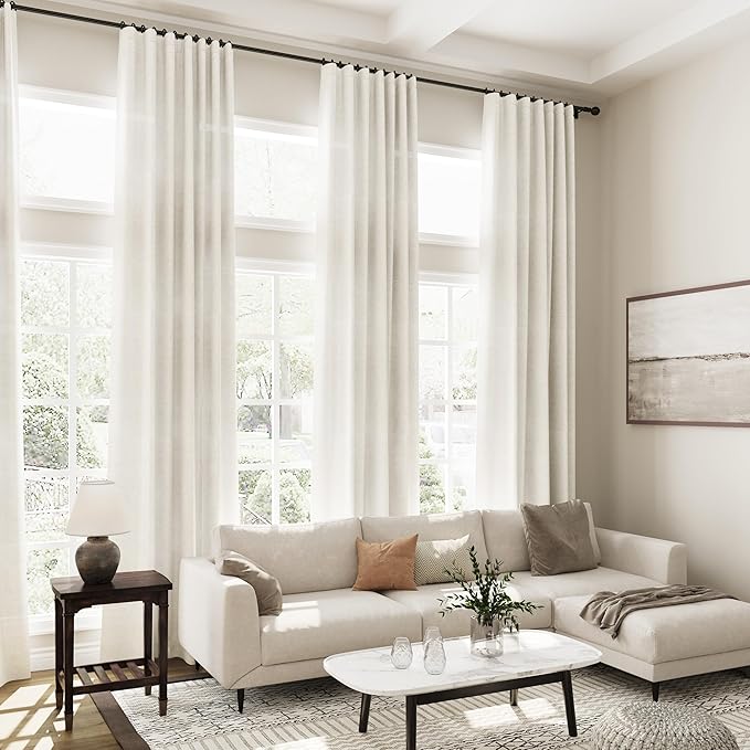 Cream Linen Curtains 106 Inches Long for Living Room Extra Long Back Tab Curtains Neutral Farmhouse Light Filtering Semi Sheer Linen Drapes Ceiling to Floor for Large Window 2 Panels Set 52x106