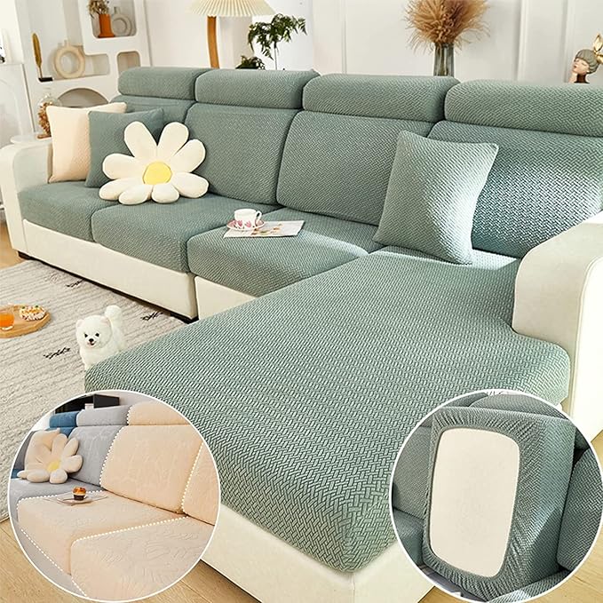 Couch Cushion Covers for Sofa Couch Covers Wear-Resistant Universal Sofa Cover Washable Stretch for Sectional Slipcovers (Texture-Green,Chaise Cover)
