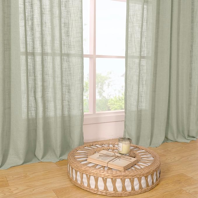 LAMIT Sage Grey Linen Boho Curtains 84 inch Length 2 Panels, Light Filtering Semi Sheer Panels Back Tab and Rod Pocket Neutral Drapes for Bedroom/Living Room, 34 x 84 Inch