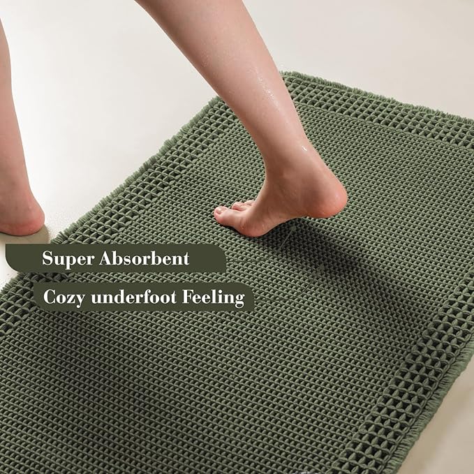 RESARE Christmas Waffle Bathroom Runner Rugs, Super Absorbent Bath Mat Non Slip Washable Quick Dry, Upgraded Ultra Soft Boho Bath Rugs with Tassels for Bedroom Laundry Room, 2'x4'(24"x48"), Green