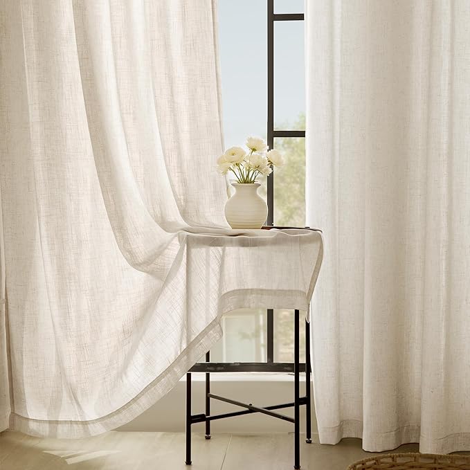 Apricot Linen Curtain 102 inch Length 2 Panels Set Back Tab Light Filtering Living Room Curtain Drapes Home Office Modern Minimalist Decor Farmhouse Boho Neutral Cream Semi Sheer Curtain 102 inch Long