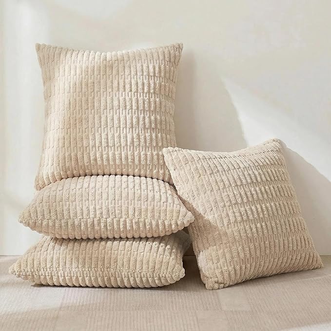 Fancy Homi 4 Packs Tan Decorative Throw Pillow Covers 26x26 Inch for Living Room Couch Bed Sofa, Beige Rustic Farmhouse Boho Home Decor, Soft Plush Striped Corduroy Square Cushion Case 66x66 cm