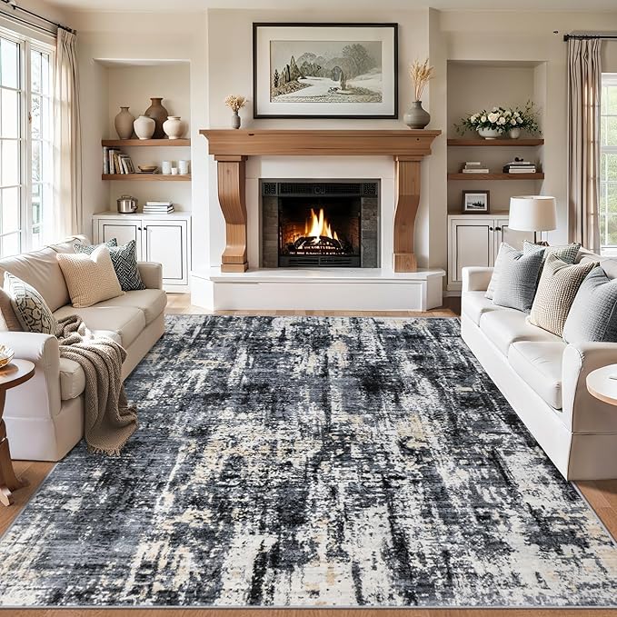 Area Rugs Living Room Rug - 5x7 Washable Modern Abstract Soft Neutral Non-Slip Carpet Large Indoor Floor Thin Carpets for Bedroom Dining Room Farmhouse Nursery Home Office Black Gold