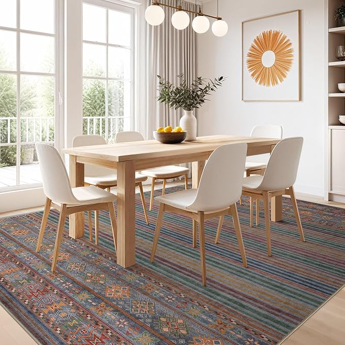 Nakagishi 6X9 Area Rugs Living Room: Washable Large Vintage Rug Neutral Non-Slip Soft Stain Resistant Indoor Carpet for Bedroom Nursery Dining Room Office Playroom - Multi Color