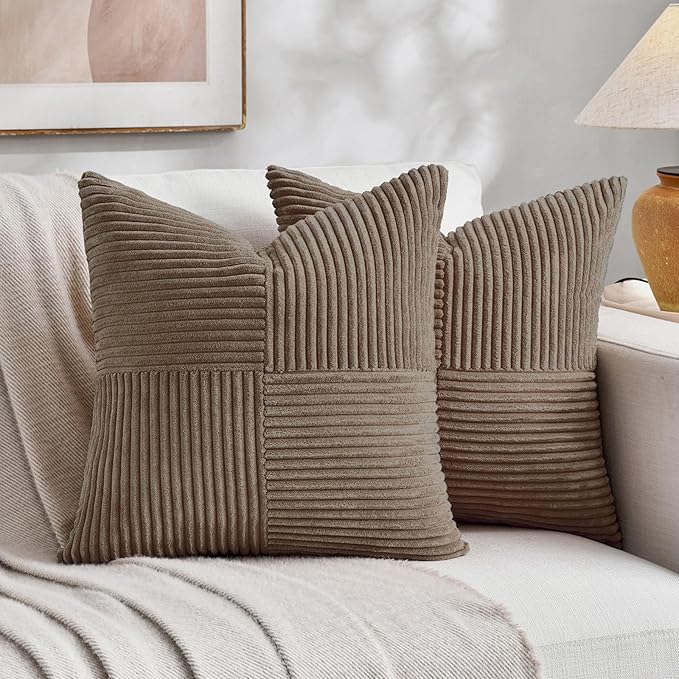 Fancy Homi Set of 2, Light Brown Patchwork Corduroy Decorative Soft Striped Modern Accent Cushion Case Farmhouse Boho Neutral Throw Pillow Covers for Chair Couch Bed Sofa Living Room 22x22 Inch