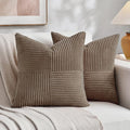 Fancy Homi Set of 2, Light Brown Patchwork Corduroy Decorative Soft Striped Modern Accent Cushion Case Farmhouse Boho Neutral Throw Pillow Covers for Chair Couch Bed Sofa Living Room 24x24 Inch