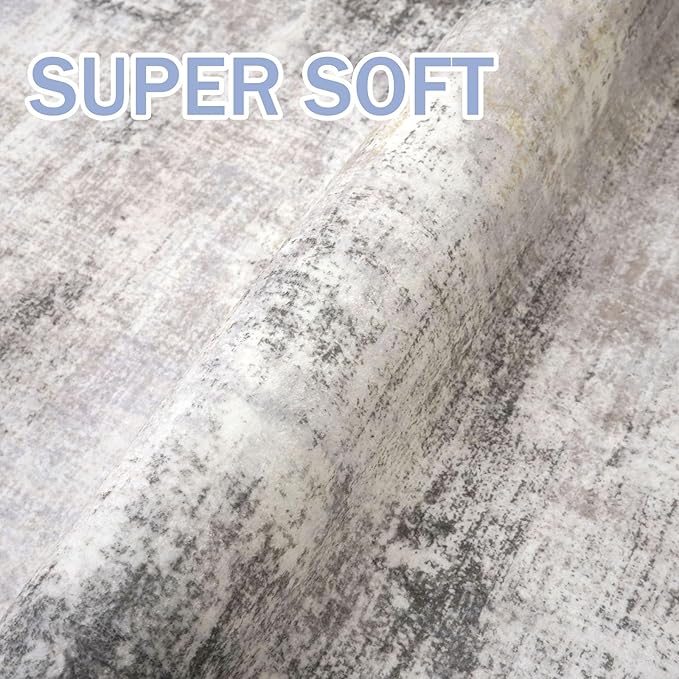 IOHOUZE Abstract Area Rugs 6x9 Ft Washable Rugs for Living Room, Non Slip Dining Room Rug, Printed Faux Wool Rugs for Bedroom, Floor Carpet for Office Nursery Playroom, Grey Beige