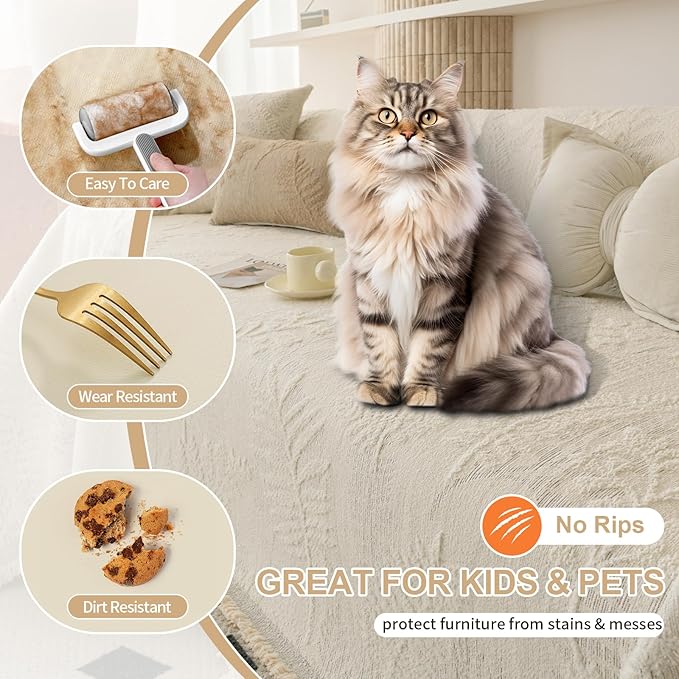 HANDONTIME Washable Couch Covers for Sofa Boho Couch Covers for 3 Cushion Sofa Pet Friendly Beige Chenille Jacquard Couch Protector for Dogs Plant Branch Sectional Cover Sofa Slipcovers, 71" X 150"