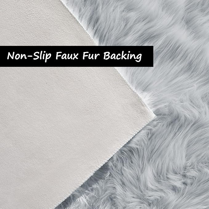 Goolela Faux Sheepskin Fur Rug 4x6 Grey Fluffy Fuzzy Furry Area Rug for Bedroom Playroom Plush Shaggy Washable Irregular Sheepskin