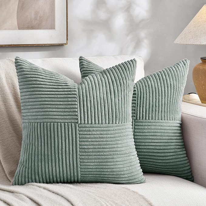 Fancy Homi 2 Packs Grey Blue Euro Decorative Throw Pillow Covers 26x26 Inch for Couch Bed Sofa, Rustic Farmhouse Boho Home Decor, Soft Corss Corduroy Patchwork Textured Square Cushion Case 66x66 cm