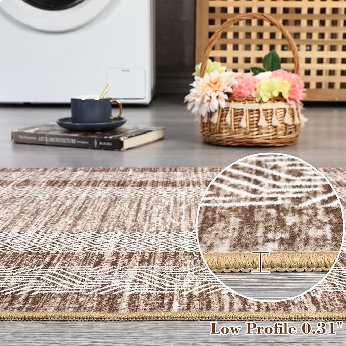 GarveeHome 2.5x8 Modern Bordered Runner Rug Soft Non Slip Washable Floor Carpet Distressed Geometric Hallway Indoor Printed Rug for Kitchen Entrance, Brown