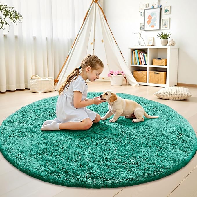 OLANLY Teal Green Round Rugs for Bedroom - Machine Washable, 7 ft Circle Area Rugs for Living Room, Soft and Fluffy Shaggy Carpet for Teen Girl and Boys, Nursery Rooms, Dorms, Home Decor Aesthetic