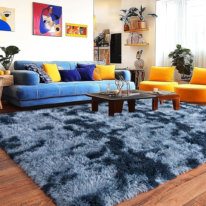Pionblank 8x10 Rug for Living Room, Fuzzy Plush Large Area Rug, Fluffy Modern Shag Non Slip Soft Furry Carpet for Bedroom Kids Room Nursery Teens Dorm Home Decor, Blue Grey