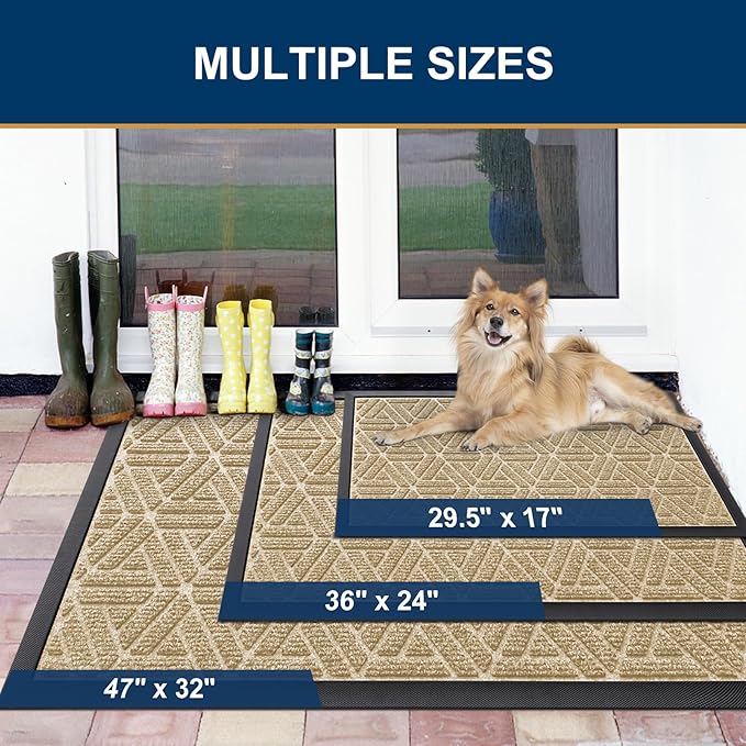 Smiry Front Door Mat Outside Entrance, Heavy Duty Sturdy Natural Rubber Doormat, Trap Dirt and Moisture, Easy Clean Low Profile Mats for Indoor Outdoor Entry, Grid Geometric (71x47, Beige)