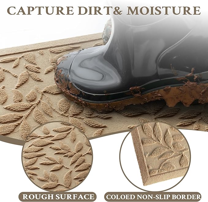 Beige Leaves Outdoor Indoor Entrance Door mat, Absorbent Durable Heavy Duty Welcome Front Door Mat,Thick Natural Rubber Back,Easy Clean Entryway Mat 47x32 Inch, Low Profile