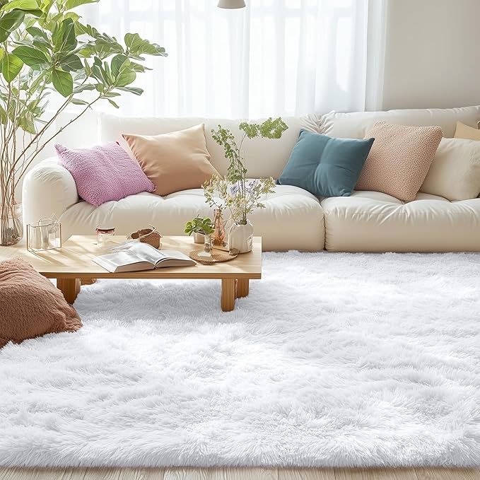 OLANLY 7x10 Machine Washable Large Area Rugs for Living Room, Bedroom, Soft Fluffy Shaggy Bedside Rug, Indoor Floor Carpet for Kids Girls and Boys, Dorms, Nursery, Home Decor Aesthetic, White