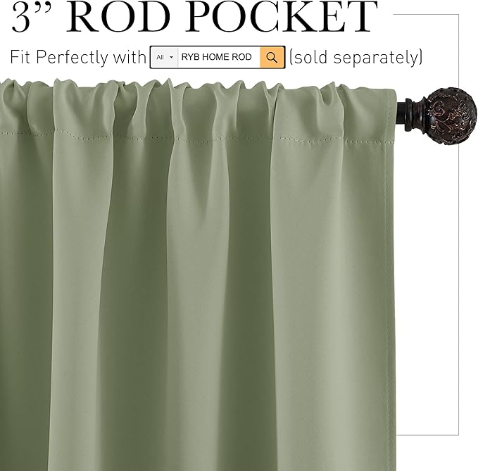 RYB HOME Short Blackout Curtains for Bedroom, Room Darkening Insulated Summer Heat Light UV Blocking Energy Saving Drapes for Nursery, Width 34 by Length 45, Sage Green, Set of 2
