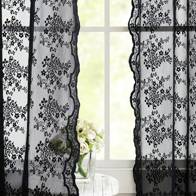 YJ YANJUN Vintage Lace Curtains 108 Inches Long- Victorian Floral Pattern Black Sheer Curtain Panels for Living Room Bedroom,Light Filtering, Gothic Witchy Halloween Drapes 2 Panels 52W x 108L