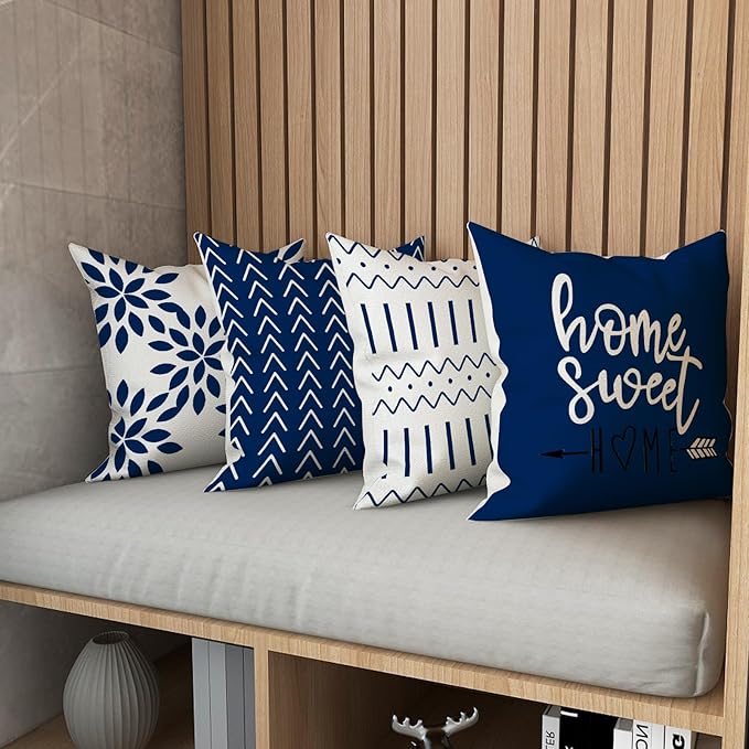 YCOLL Pillow Covers 12x20 Set of 4, Modern Sofa Throw Pillow Cover, Decorative Outdoor Linen Fabric Pillow Case for Chair Sofa Couch Bed Car, Dark Blue