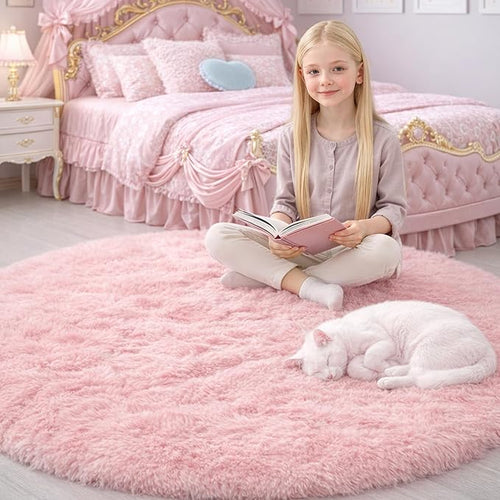 Amdrebio Light Pink Small Cute Round Rug 3Ft for Girls Bedroom, Fluffy Circle Area Rugs for Kids Room Decor Aesthetic, Shag Fuzzy Carpet for Nursery, Preppy Dorm, Classroom, Playroom, Teen, Baby