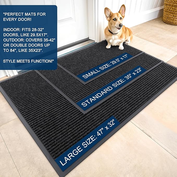 OLANLY Front Door Mat Indoor Outdoor Entrance, 2-Pack 47 x 32 Inch, Waterproof Heavy Duty Doormat, Fade Resistant, Low Profile, Easy Clean Patio Porch Welcome Floor Mats for Entry, Off-Black