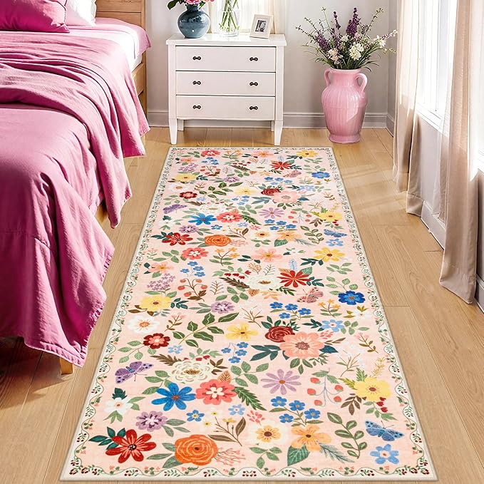 Runner Rug for Entryway: 2x6 Kitchen Rugs Non Slip Washable Ultra-Thin Soft Floral Carpet Indoor Floor Stain Resistant Carpets for Hallway Bedroom Kitchen Laundry Bathroom Dorm Beige