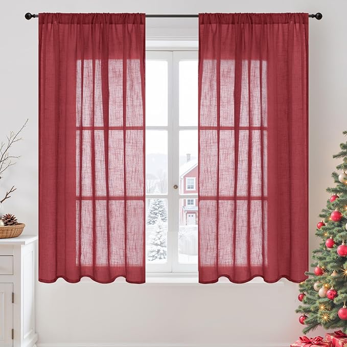 BGment Linen Burgundy Curtains 54 Inch Length for Short Window, Semi Sheer Drapes Lightweight Rustic Textured for Living Room Bedroom with Rod Pocket, 2 Panels Set, Each 42 Inch Wide