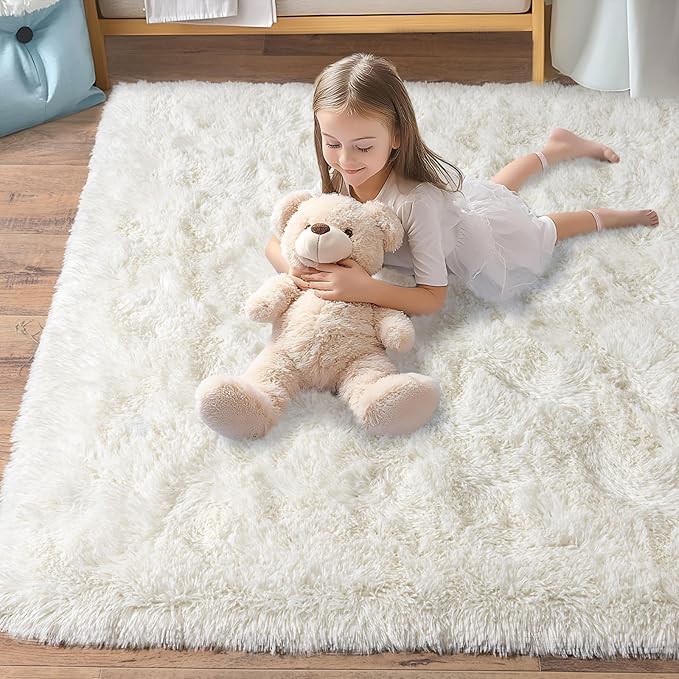 Pionblank Super Fluffy Area Rug for Bedroom 5x7, Modern Indoor Shag Carpet, Soft Plush Non Slip Rugs for Living Room Kids Room Cloakroom Home Decor, Cream White