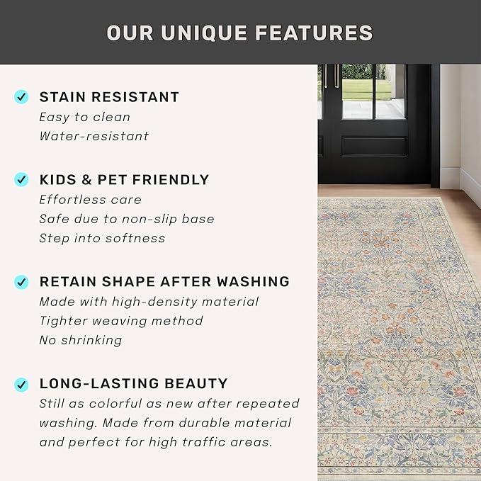 Washable Light Blue Bedroom Rug, 9x12 Area Rug for Living Room, Large Dining Room Rugs for Under Table, Soft Low Pile Non-Slip Stain Resistant Carpet - Vintage Floral Design (9x12 Beige Blue)