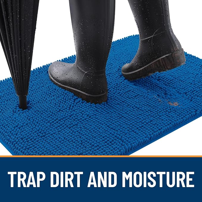 OLANLY Dog Door Mat for Muddy Paws 47x17, Absorbs Moisture and Dirt, Absorbent Non-Slip Washable Doormat, Quick Dry Chenille Mud Mat, Entry Indoor Entryway Carpet for Inside Floor, Deep Navy Blue