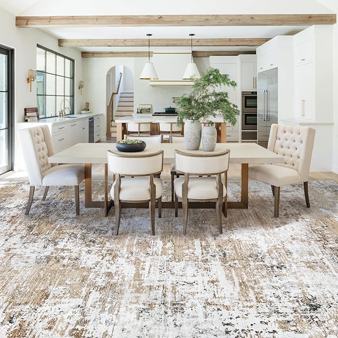 9x12 Area Rug for Living Room, Washable Modern Abstract Large Area Rug Neutral Soft Non Slip Kids Rug Stain Resistant Indoor Carpet for Bedroom Dining Room Playroom Office(Beige, 9'x12')