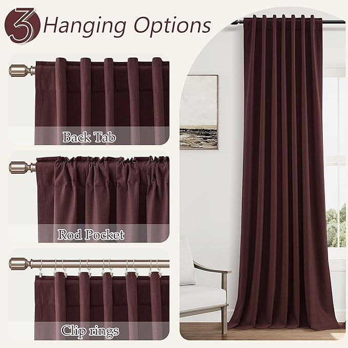 Guken 100% Blackout Curtains 102 Inch Length 2 Panels Set for Living Room Bedroom Back Tab Thermal Insulated Black Out Linen Drapes Room Darkening Reddish Brown,52x102