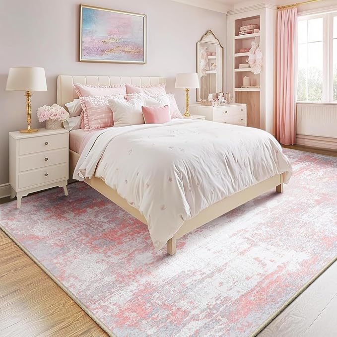 Washable Area Rugs 6'x8' Non-Slip Modern Abstract Soft for Living Room Entryway Bedroom Nursery, Print Pattern, Grey Pink