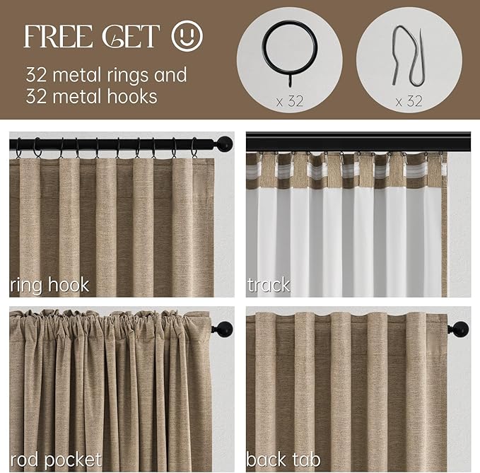 Topfinel 105 Inches Long Custom Black Out Faux Thick Linen Drapery Panels, Taupe Chocolate Brown Reflective Neurtral Curtains with Pin Hooks, Luxury Lined Back Tab Drapes Set of 2