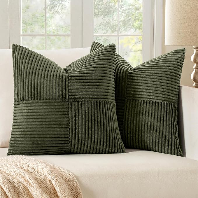 MIULEE Olive Green Decorative Euro Sham Pillow Covers 24x24 Inch for Bed Couch Sofa Spring Decor Pack of 2 Boho Farmhouse Throw Pillows Soft Cross Corduroy Patchwork Textured Cushion Cases