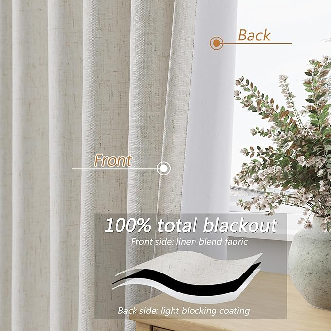 Guken 90 Inch Long Boho 100% Blackout Linen Curtains for Living Room Back Tab Rod Pocket Room Darkening Thermal Insulated Drapes for Bedroom Black Out Window Curtain 2 Panels, 52x90