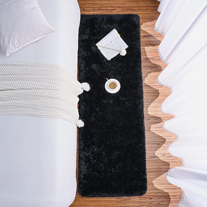 Chicrug Soft Runner Rug for Bedroom Living Room Plush Fluffy Rug 2x8 Feet, Shag Furry Runner Rug Carpet Non Shedding for Nursery Children Kids Girls Room Home Decorative, Black